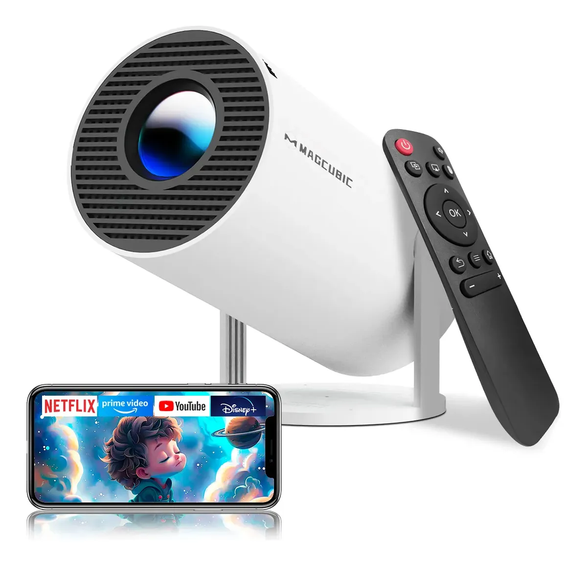 Proyector portátil HY300Pro blanco junto a su mando a distancia y un móvil con apps de streaming
